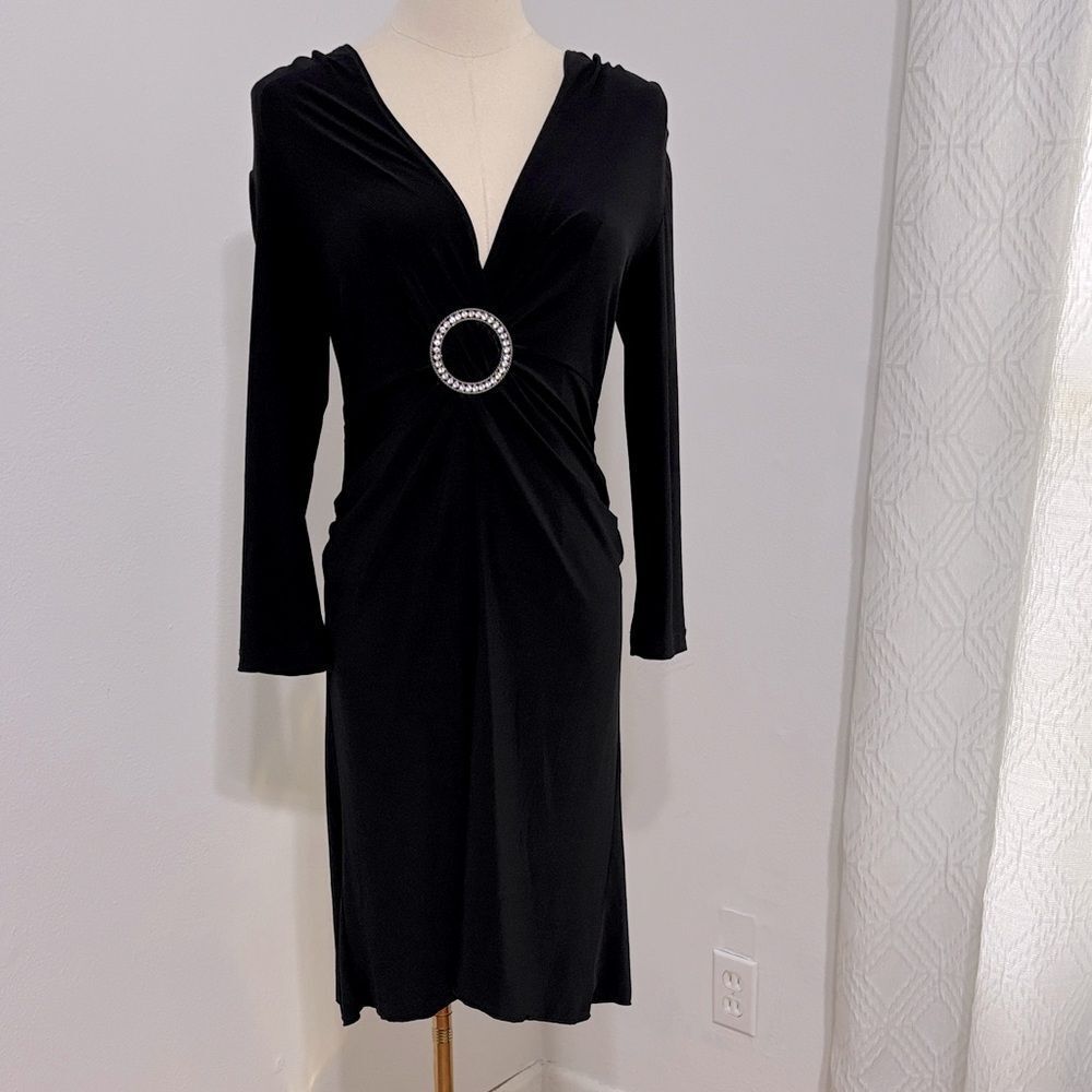 NWT Vtg Black Midi‎ Dress Size L Ruched Long Sleeve Rhinestones Evening Cocktail